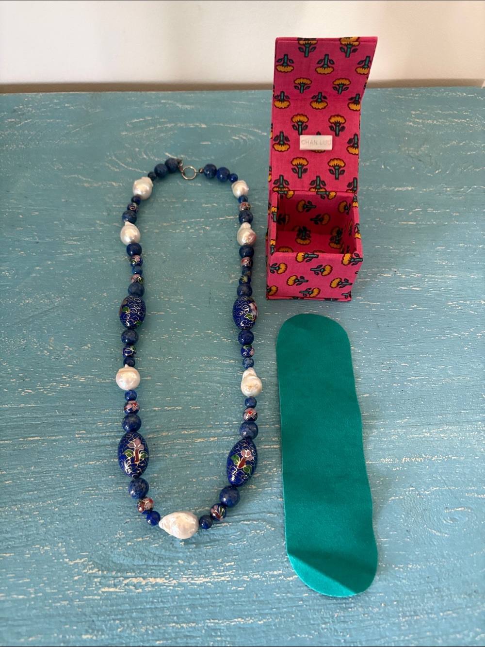 Chan Luu vintage pearl lapis and cloisonné strand